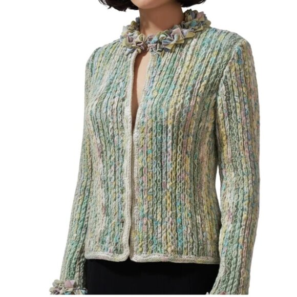 Cici Bianca Cardigan Sweater Ruffled Neckline Art to Wear Handwoven Small/Medium - Picture 1 of 11